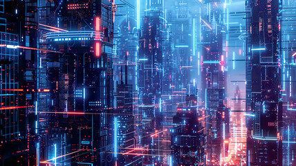Futuristic cityscape with interconnected smart devices, glowing lines representing data flow, cyberpunk aesthetic, subtle blue lighting