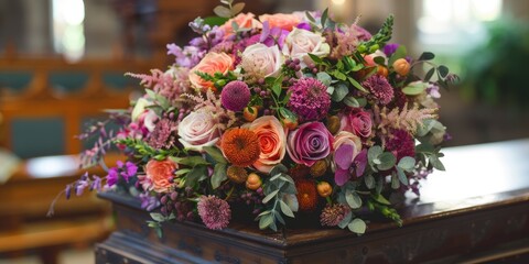 A funeral bouquet on the lid of a closed coffin at a funeral service. Funeral arrangements. Funeral services
