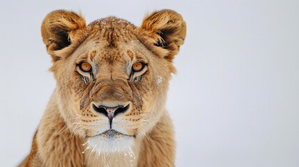 A close-up portrait of a curious lion gazes directly into the camera, set against a pristine white background. The lion's intense, inquisitive expression is sharply detailed, providing ample copy