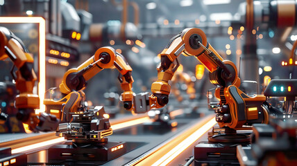 Industry 4.0 concept, advanced automation and innovation, robotic arms in smart factory, high-tech machinery, digital interfaces, detailed and futuristic, bright lighting
