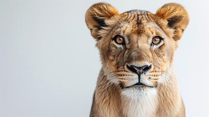 Obraz premium A close-up portrait of a curious lion gazes directly into the camera, set against a pristine white background. The lion's intense, inquisitive expression is sharply detailed, providing ample copy