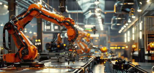 IoT-enabled factory with robotic arms and connected machinery, ultra-detailed, industrial lighting, efficient atmosphere