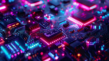 Obraz premium Macro shot capturing the tiny components of IoT sensors, illuminated by vibrant, neon lights against a dark, futuristic background