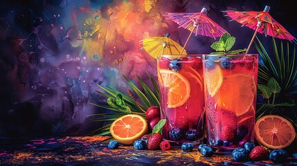 Tropical cocktails served with colorful umbrellas and fresh fruit garnishes