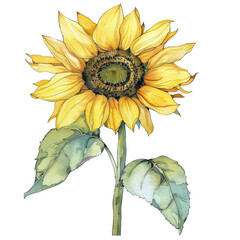 Fototapeta premium Watercolor artwork of a blooming sunflower with green leaves isolated on a white background