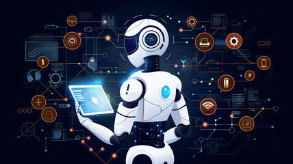 Technical engineer managing robotics with tablet, monitoring system software, industry network connection icons, AI automation, high-tech environment, detailed