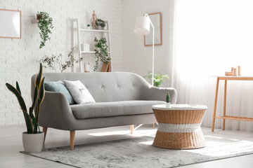 Interior of light living room with cozy grey sofa, houseplants and coffee table