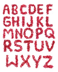 A to Z English Alphabet Capital Letters with  Pomegranate Seeds Isolated on White Background with Copy Space