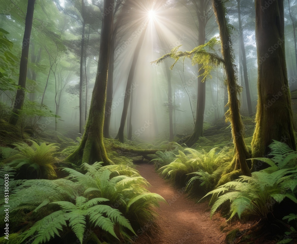 Poster sunlight beams through a mystical, foggy forest, illuminating the lush greenery and creating an ethe
