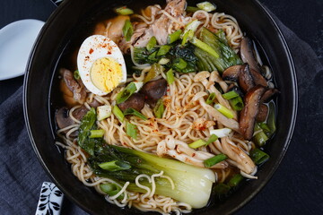 Japanese Ramen with chicken, Mushrooms, Eggs and bok choy cabbage in a bowl