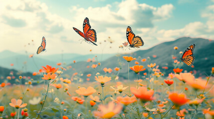 Butterflies flying gracefully in a vibrant field of colorful flowers, capturing the beauty of nature. A serene garden scene where pollinators flit among wildflowers, showcasing the splendor of spring.
