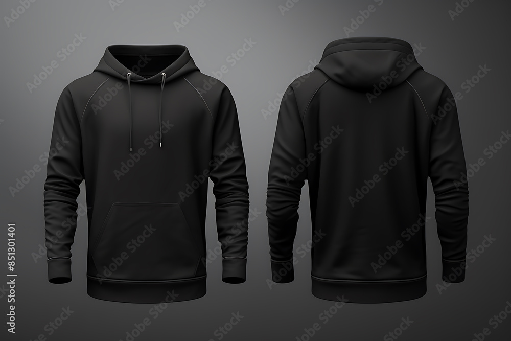 Wall mural Black hoodie sweatshirt front and back view in isolated background. Long sleeve sweater mockup template. AI generated. 