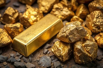 gold bar next to raw ore. Precious metal mining and refine