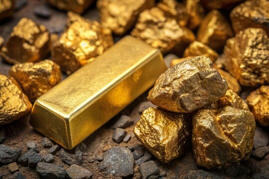 gold bar next to raw ore. Precious metal mining and refine