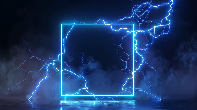 Square frame with glowing blue electric energy lightning spark effect on dark background, copy space for text
