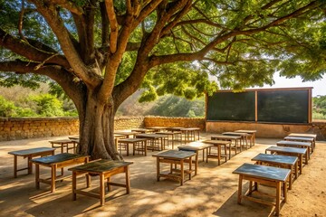 Obraz premium makeshift classroom under tree with chair and board in rural area