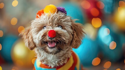 Puppy dressed as a clown with a colorful outfit and red nose, making everyone laugh with a happy expression