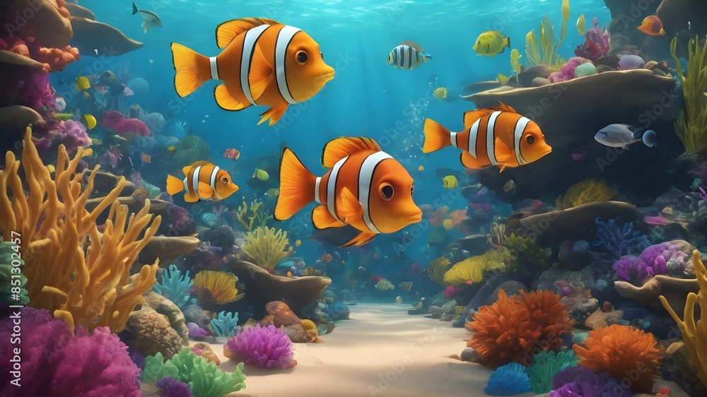 Wall mural A colorful underwater scene with many fish swimming around. The fish are of various colors, including orange, yellow, and blue. The scene is lively and vibrant