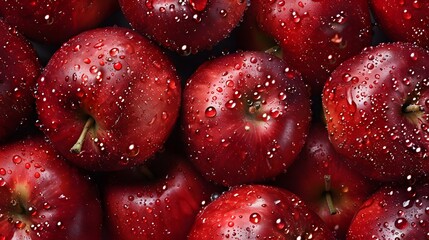 Many ripe juicy red apples covered with water drops as background. 