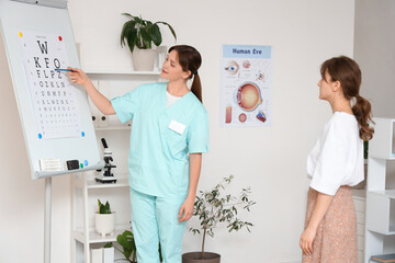 Female ophthalmologist checking patient's eyesight in clinic