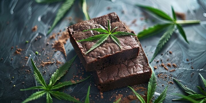 Pot brownie - hemp cannabis leaves on chocolate brownie