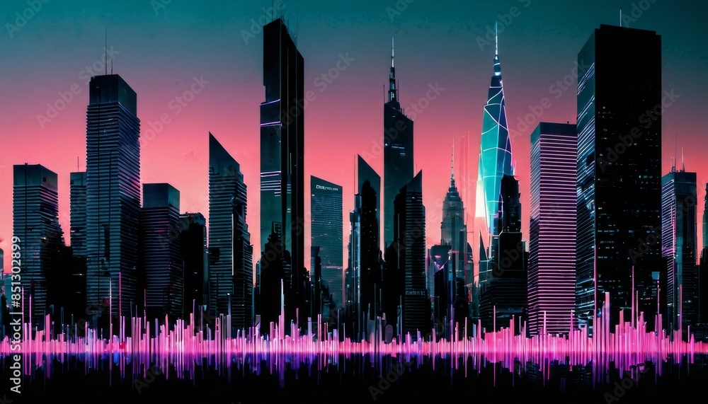 Poster a stunning cityscape showcasing a futuristic skyline with towering skyscrapers under a pink and teal