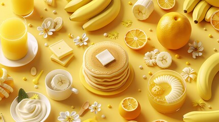 Yellow Themed Breakfast with Pancakes, Bananas, and Oranges