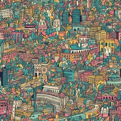 Abstract seamless pattern with buildings. Perfect for fabric, textile, wallpaper, kindergarten.