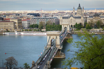 View of Szechenyi Chain Bridge, Budapest city from Fisherman Bastion. Budapest Hungary.