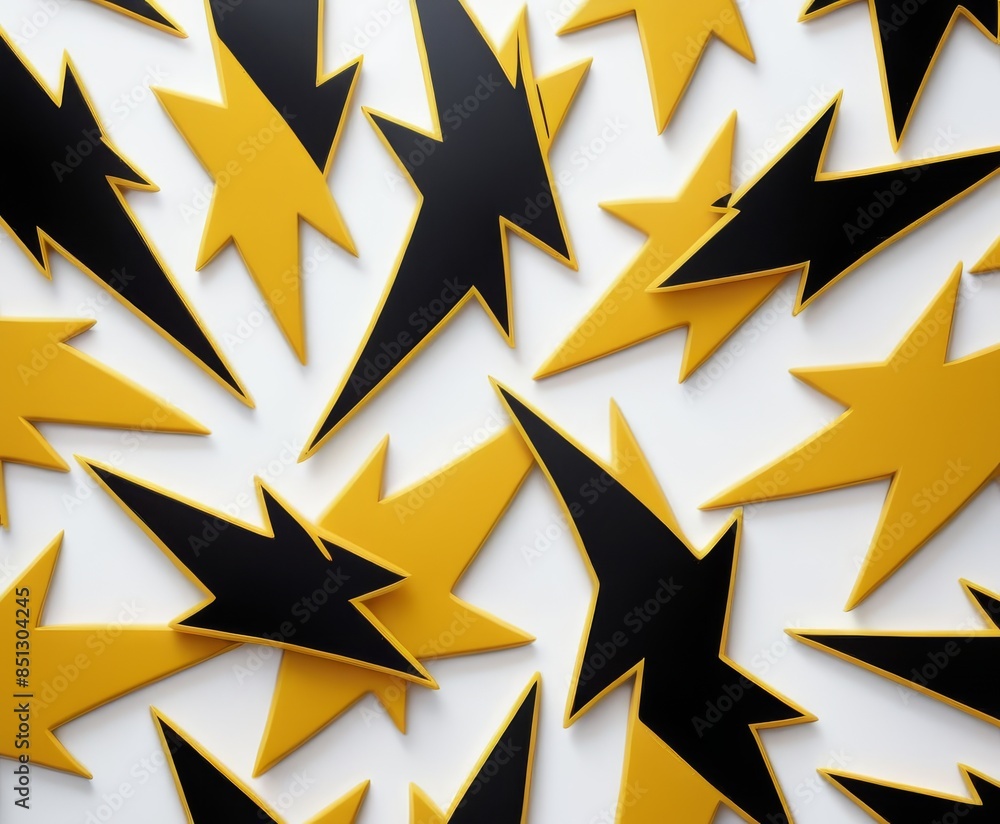 Poster dynamic abstract design featuring yellow and black lightning bolt shapes on a white background. this