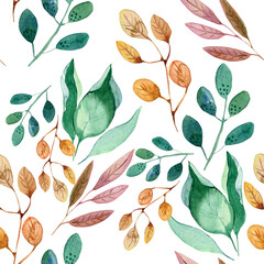 seamless pattern with leaves.  Hand drawn illustration. Elegant watercolor. 