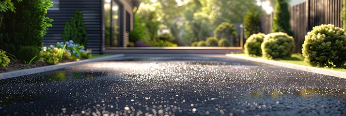 asphalt from close view with garden and house behind,