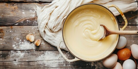 Béchamel sauce in a pot -with wooden stirring spoon