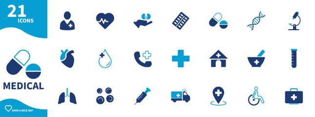 Medical icon. Set of health, hospital, medicine, heart, medical cross, ambulance icons. Solid vector icons