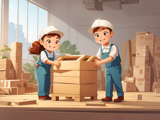 Transportation and delivery company. Two workers mover man and woman holding and carrying carton box or wooden box, Illustration.