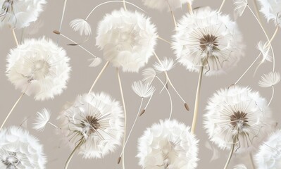 Background of large white fluffy dandelions on a beige-gray background 