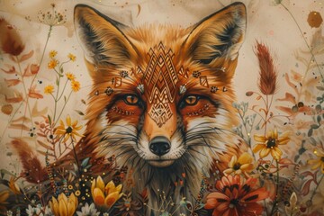 A fox is painted with a lot of detail and surrounded by flowers