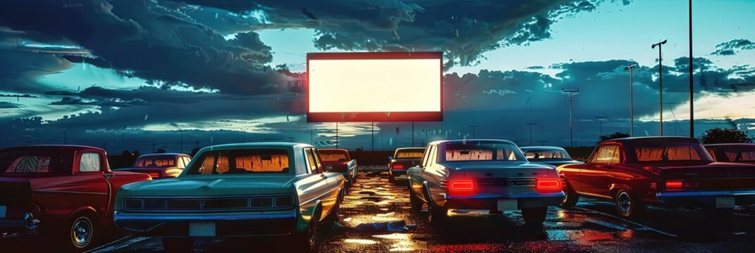 drive in movie theater -- cars parked and facing blank screen