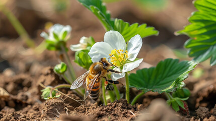 Bee delicately pollinating strawberry flowers in a lush, green farm background. Captured during springtime, this macro shot showcases the intricate beauty of nature.