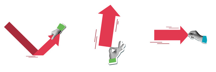 Collection of a collages with a hand with a big red arrow. Illustration on transparent background