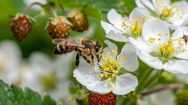 Bee delicately pollinating strawberry flowers in a lush, green farm background. Captured during springtime, this macro shot showcases the intricate beauty of nature.