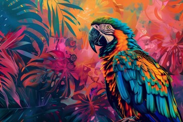Obraz premium A colorful parrot is perched on a tree branch in a lush tropical forest