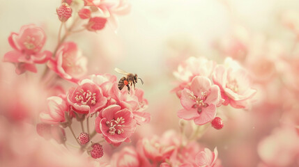Obraz premium Bee delicately pollinating strawberry flowers in a lush, green farm background. Captured during springtime, this macro shot showcases the intricate beauty of nature.