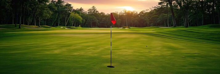 Obraz premium well kept country club golf course with fairway and green - flag marks the hole
