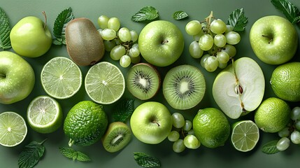 Assorted Green Fruits including Apples, Kiwis, and Limes