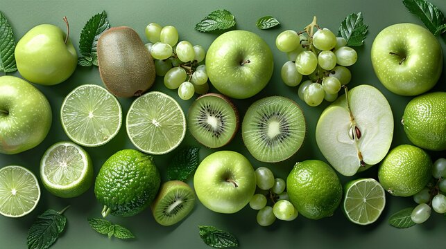 Assorted Green Fruits including Apples, Kiwis, and Limes