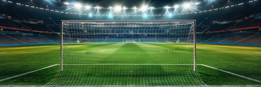 soccer pitch with the goal and net on a grassy field - empty arena stadium