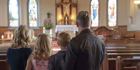 Caucasian family in Christian/Catholic church practicing their spiritual beliefs in prayer during religious service