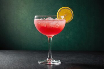 Pink lady alcoholic cocktail drink with gin, grenadine syrup, lemon juice and egg white, dark green background, bright hard light and shadow pattern