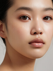 Fototapeta premium Close up portrait of beautiful Asian female model in 20s with perfect glowy skin